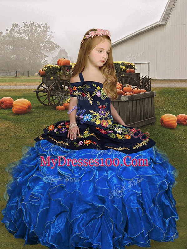Blue Sleeveless Embroidery and Ruffles Floor Length Child Pageant Dress