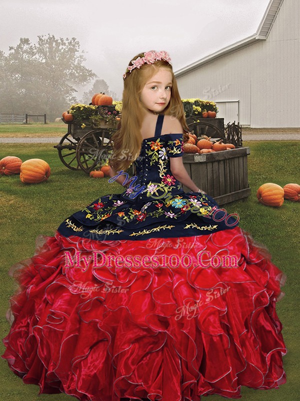Blue Sleeveless Embroidery and Ruffles Floor Length Child Pageant Dress