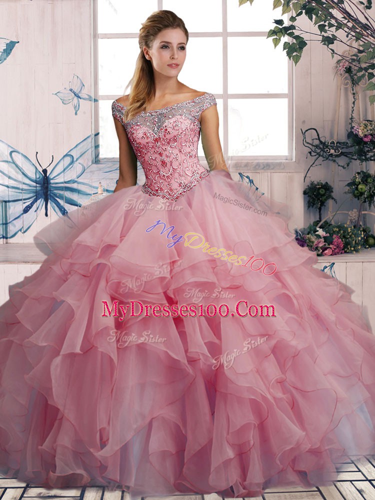 Watermelon Red Off The Shoulder Lace Up Beading and Ruffles Quinceanera Gowns Sleeveless