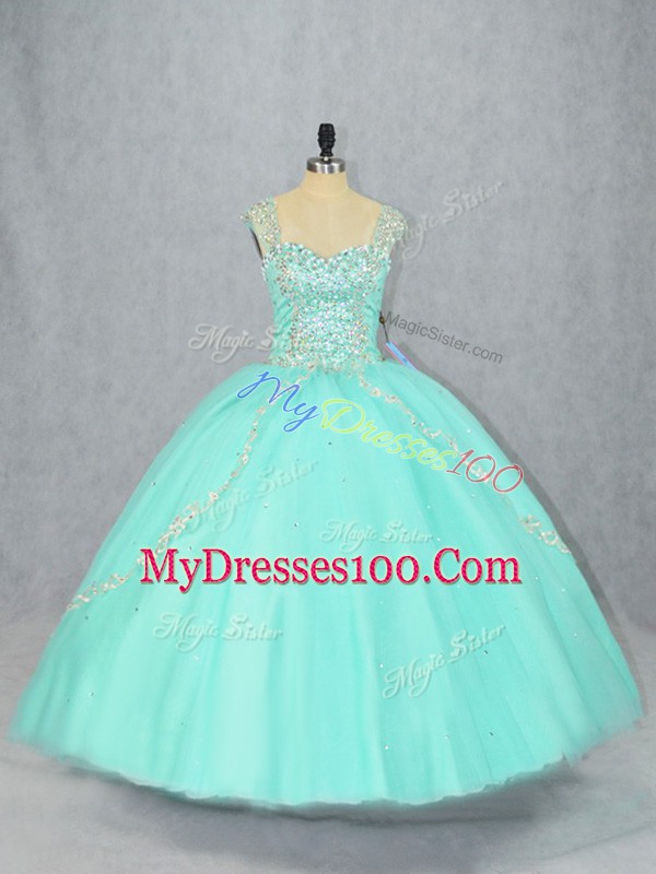Vintage Tulle Straps Cap Sleeves Brush Train Lace Up Beading Quinceanera Dress in Apple Green