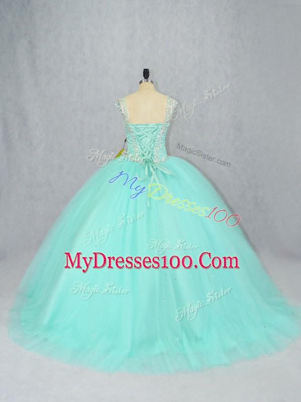 Vintage Tulle Straps Cap Sleeves Brush Train Lace Up Beading Quinceanera Dress in Apple Green