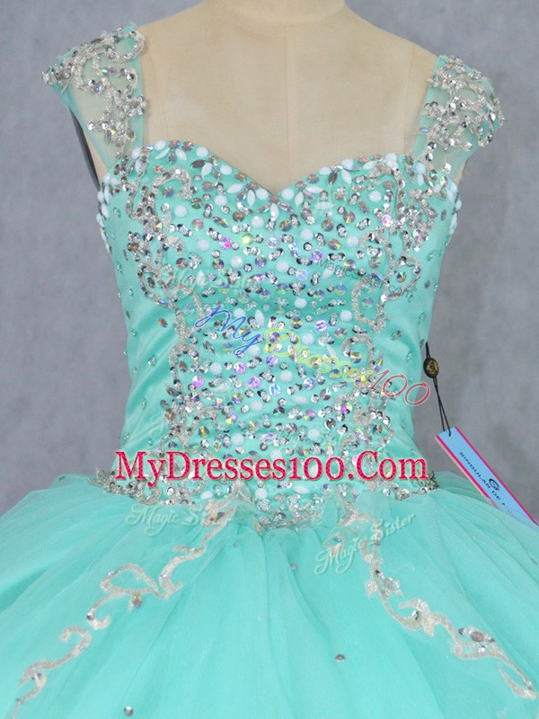 Vintage Tulle Straps Cap Sleeves Brush Train Lace Up Beading Quinceanera Dress in Apple Green