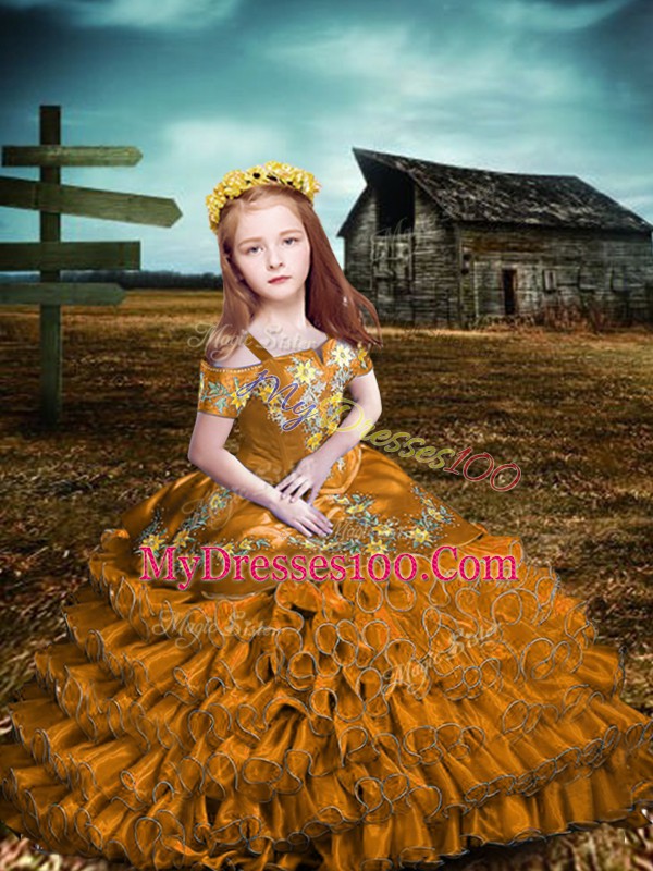 Short Sleeves Floor Length Embroidery and Ruffled Layers Lace Up Little Girls Pageant Dress Wholesale with Brown