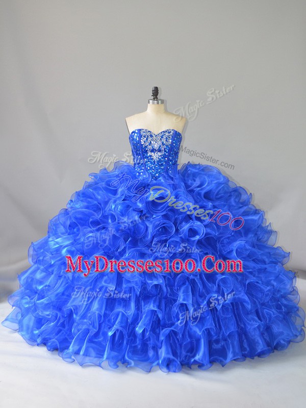 Royal Blue Lace Up Vestidos de Quinceanera Ruffles and Sequins Sleeveless Floor Length