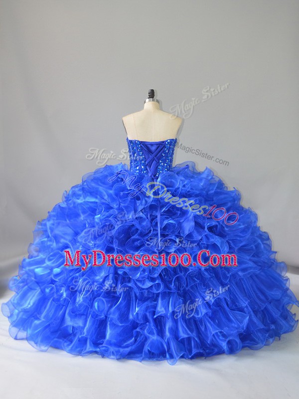 Royal Blue Lace Up Vestidos de Quinceanera Ruffles and Sequins Sleeveless Floor Length
