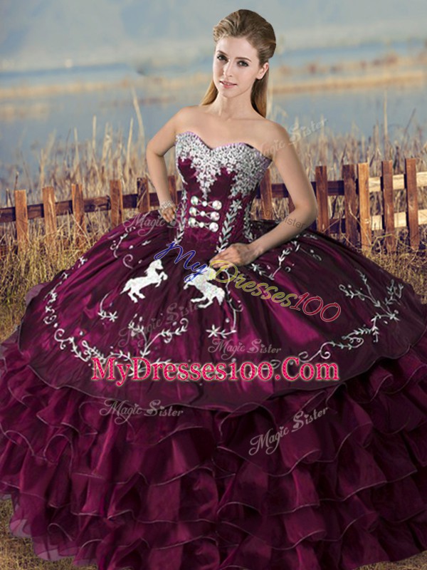 Amazing Purple Ball Gowns Sweetheart Sleeveless Satin and Organza Floor Length Lace Up Embroidery and Ruffles Quinceanera Gowns
