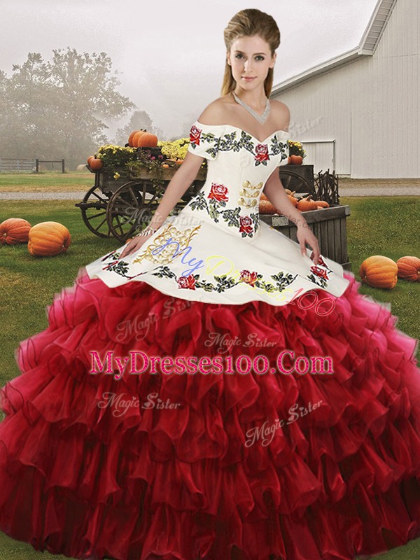 Wine Red Lace Up Off The Shoulder Embroidery and Ruffled Layers Quince Ball Gowns Organza Sleeveless