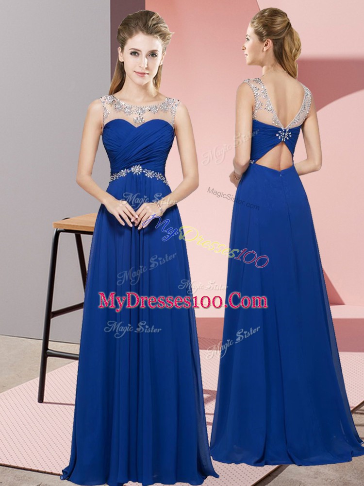 Beading Evening Dress Royal Blue Backless Sleeveless Floor Length