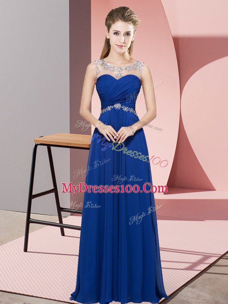 Beading Evening Dress Royal Blue Backless Sleeveless Floor Length