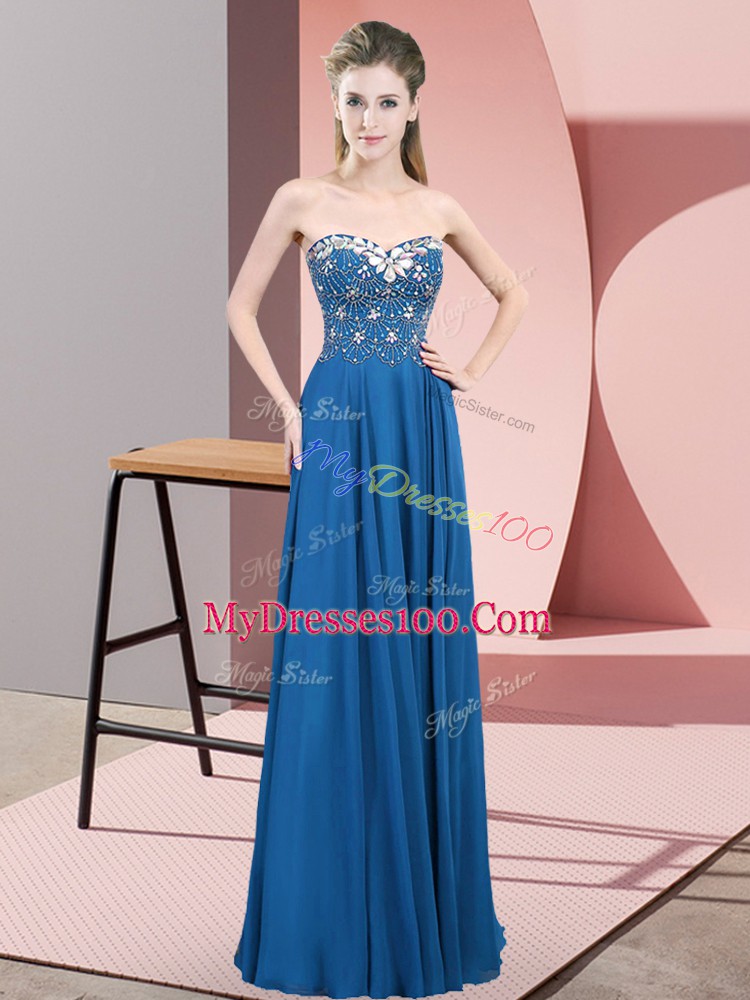Fancy Blue Empire Beading Juniors Party Dress Zipper Chiffon Sleeveless Floor Length