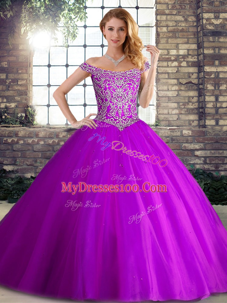 Wonderful Purple Tulle Lace Up 15 Quinceanera Dress Sleeveless Brush Train Beading