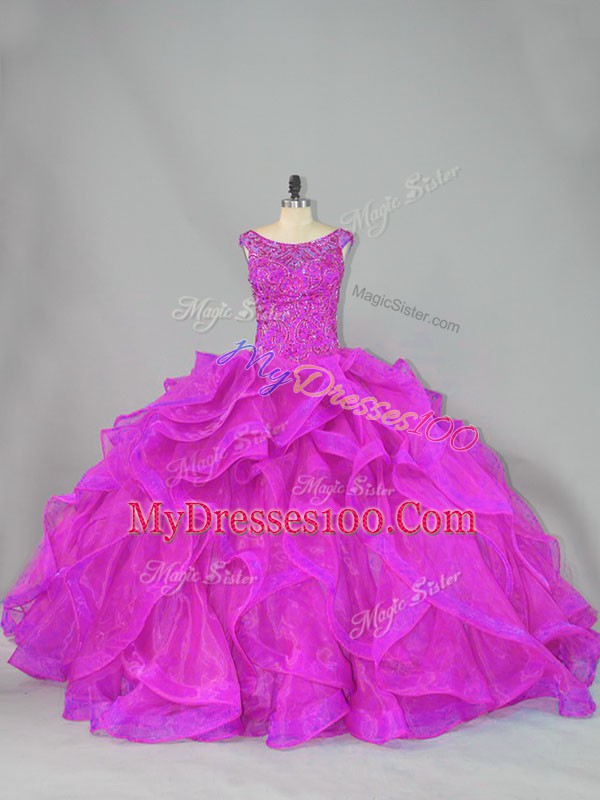 On Sale Fuchsia Sweet 16 Dress Sweet 16 and Quinceanera with Beading Scoop Sleeveless Brush Train Lace Up