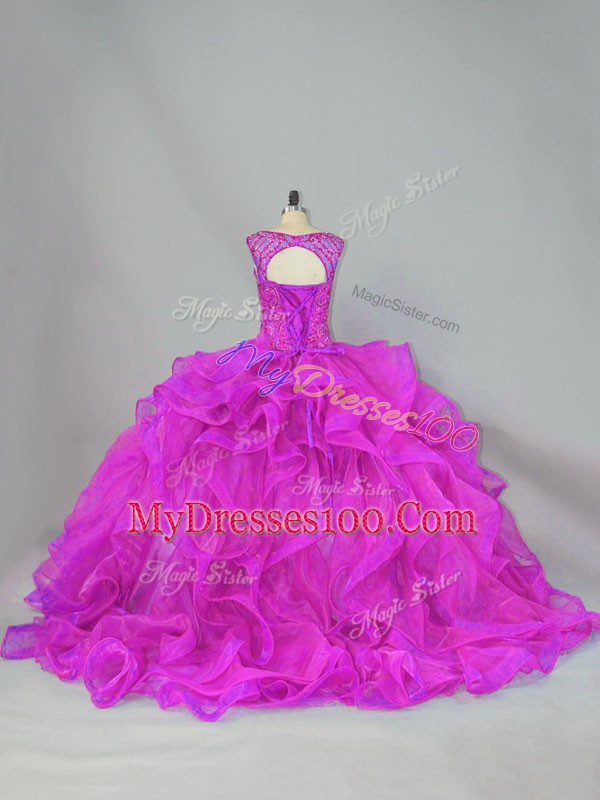 On Sale Fuchsia Sweet 16 Dress Sweet 16 and Quinceanera with Beading Scoop Sleeveless Brush Train Lace Up