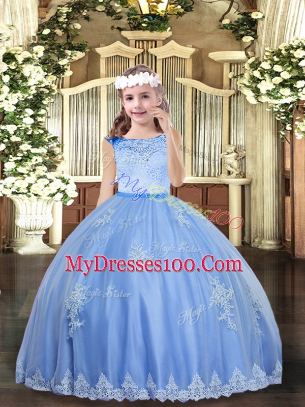 High End Sleeveless Floor Length Beading and Appliques Zipper Little Girls Pageant Gowns with Baby Blue