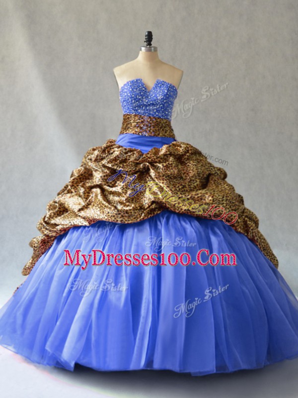 Beading and Pick Ups Quinceanera Dress Blue Lace Up Sleeveless Brush Train