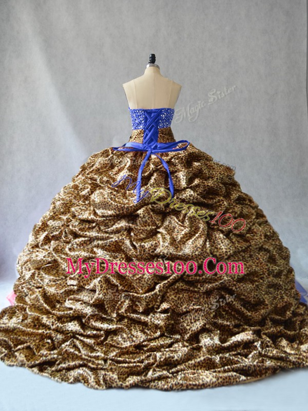 Beading and Pick Ups Quinceanera Dress Blue Lace Up Sleeveless Brush Train