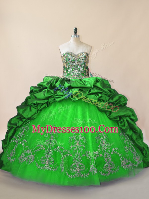 Attractive Sweetheart Sleeveless Brush Train Lace Up Ball Gown Prom Dress Green Taffeta and Tulle