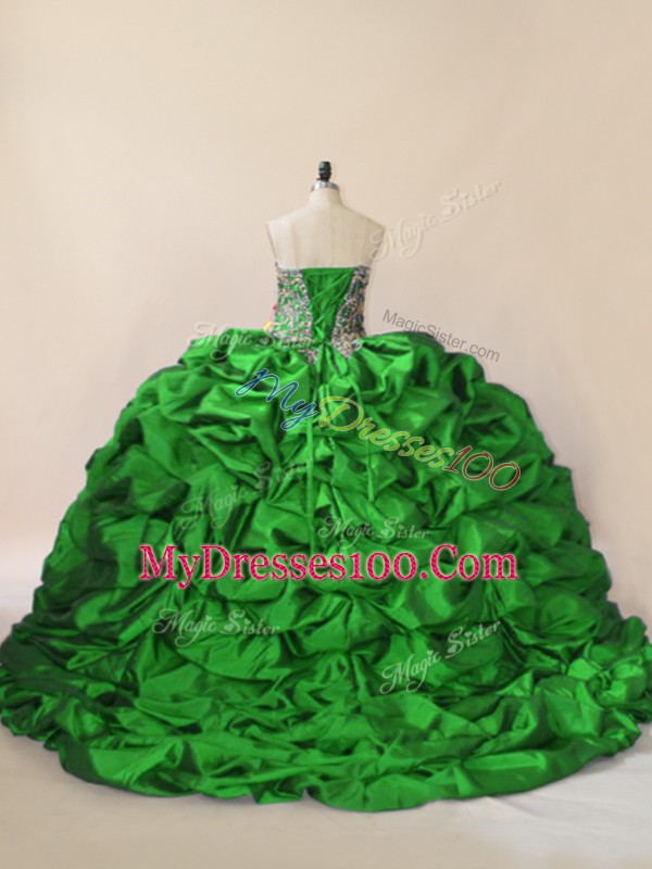 Attractive Sweetheart Sleeveless Brush Train Lace Up Ball Gown Prom Dress Green Taffeta and Tulle