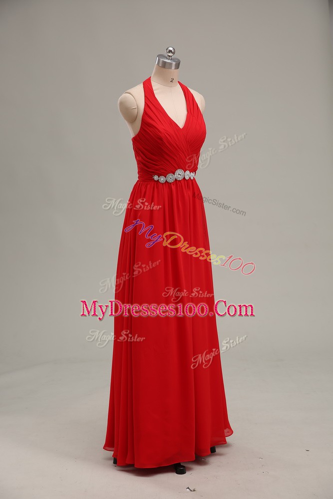 Romantic Red Chiffon Zipper Halter Top Sleeveless Floor Length Dress for Prom Beading and Ruching