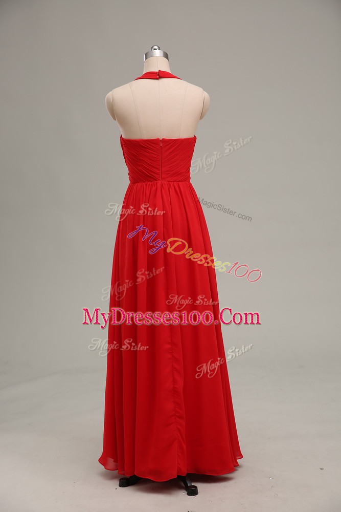 Romantic Red Chiffon Zipper Halter Top Sleeveless Floor Length Dress for Prom Beading and Ruching