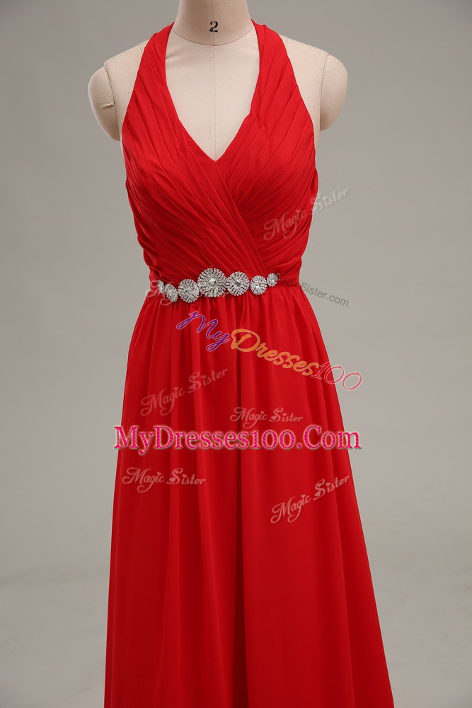 Romantic Red Chiffon Zipper Halter Top Sleeveless Floor Length Dress for Prom Beading and Ruching