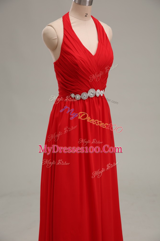 Romantic Red Chiffon Zipper Halter Top Sleeveless Floor Length Dress for Prom Beading and Ruching