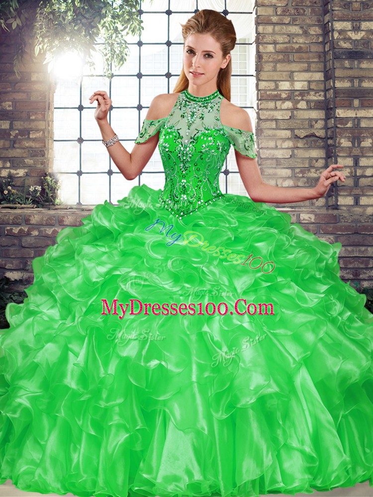 Dazzling Green Ball Gowns Halter Top Sleeveless Organza Floor Length Lace Up Beading and Ruffles Sweet 16 Dress