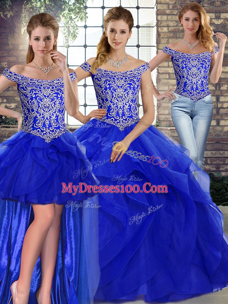 Latest Sleeveless Tulle Brush Train Lace Up Quinceanera Dresses in Royal Blue with Beading and Ruffles