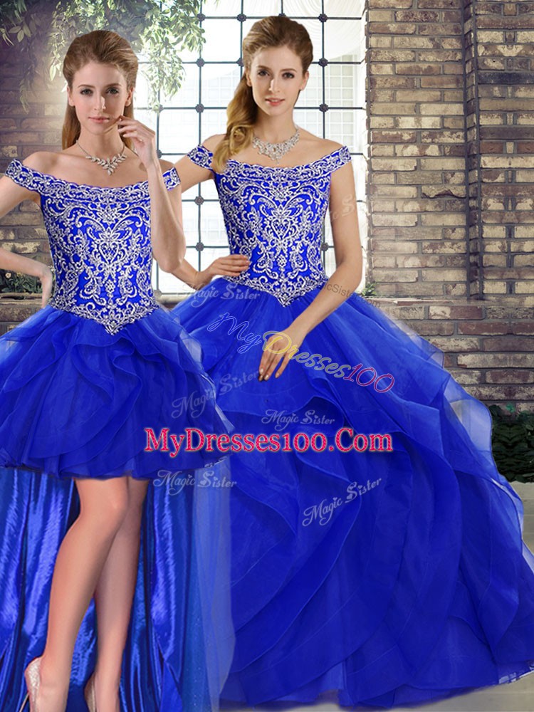 Latest Sleeveless Tulle Brush Train Lace Up Quinceanera Dresses in Royal Blue with Beading and Ruffles