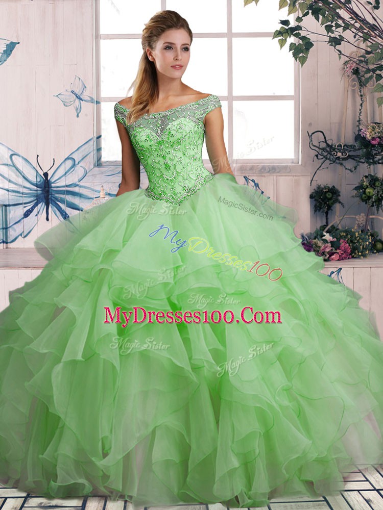Super Green Organza Lace Up Off The Shoulder Sleeveless Floor Length Sweet 16 Quinceanera Dress Beading and Ruffles