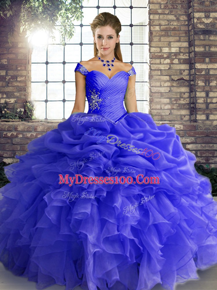 Super Blue Sleeveless Floor Length Beading and Ruffles and Pick Ups Lace Up 15 Quinceanera Dress