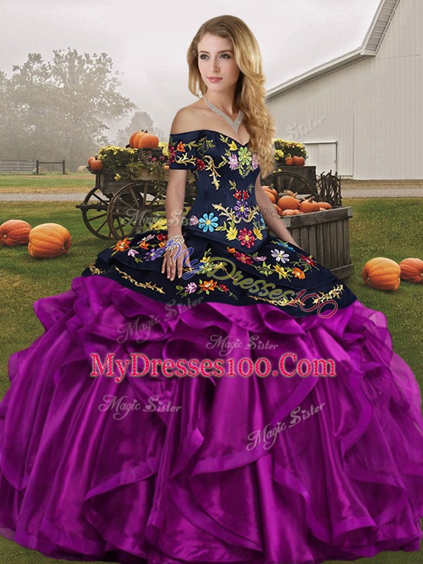 Black And Purple Sweet 16 Dress Military Ball and Sweet 16 and Quinceanera with Embroidery and Ruffles Off The Shoulder Sleeveless Lace Up