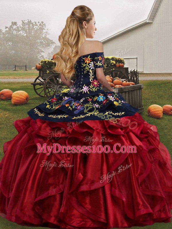Black And Purple Sweet 16 Dress Military Ball and Sweet 16 and Quinceanera with Embroidery and Ruffles Off The Shoulder Sleeveless Lace Up