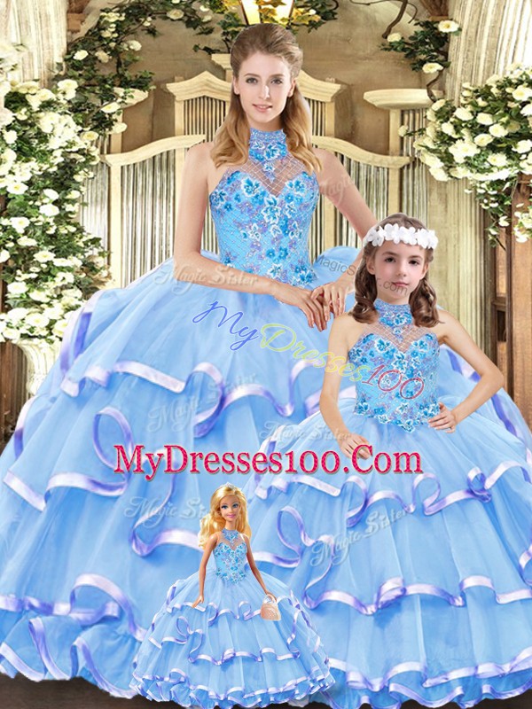 Beautiful Blue Lace Up Halter Top Embroidery and Ruffled Layers Ball Gown Prom Dress Organza Sleeveless