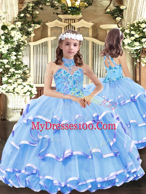 Beautiful Blue Lace Up Halter Top Embroidery and Ruffled Layers Ball Gown Prom Dress Organza Sleeveless