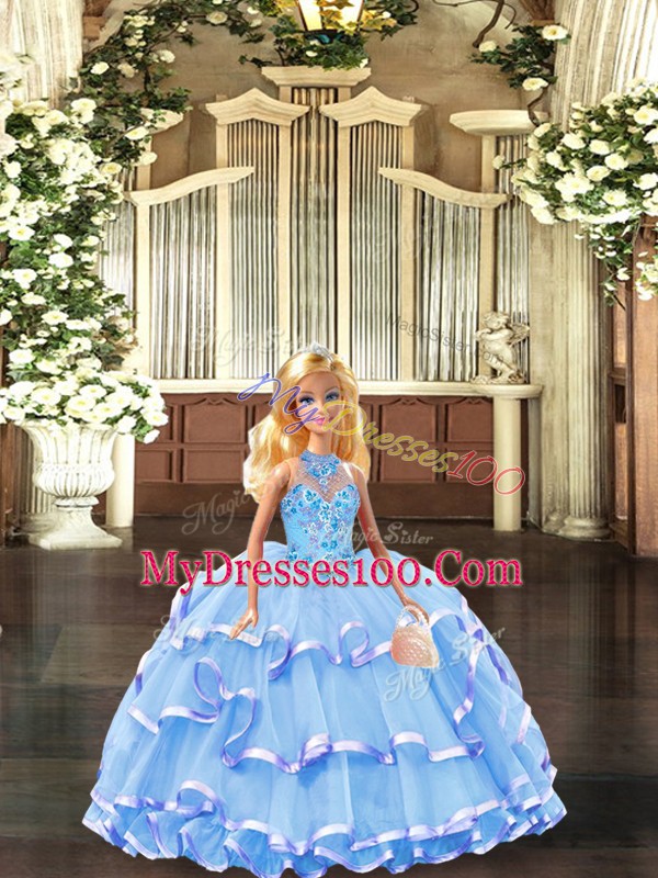 Beautiful Blue Lace Up Halter Top Embroidery and Ruffled Layers Ball Gown Prom Dress Organza Sleeveless