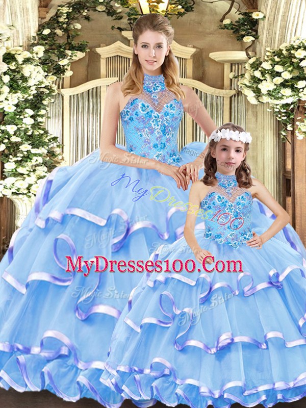 Beautiful Blue Lace Up Halter Top Embroidery and Ruffled Layers Ball Gown Prom Dress Organza Sleeveless