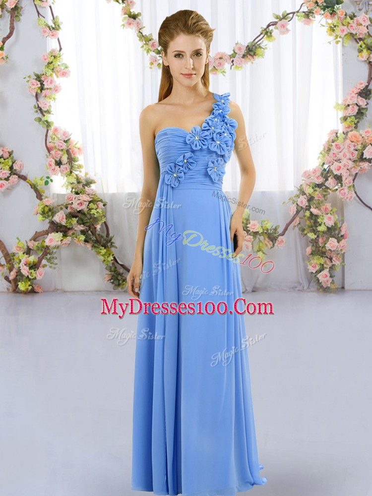 On Sale Blue Chiffon Lace Up Damas Dress Sleeveless Floor Length Hand Made Flower