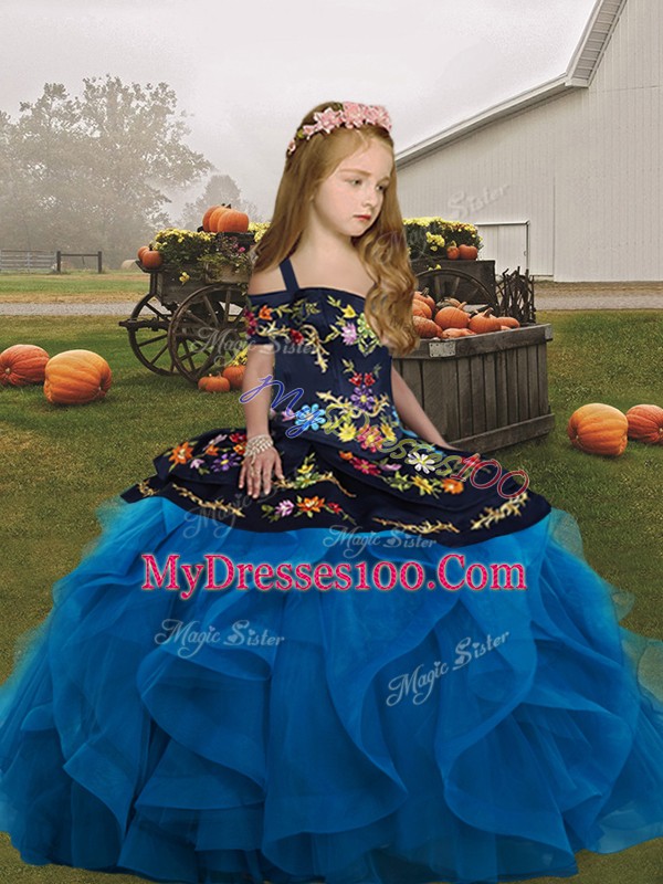 New Style Floor Length Blue Child Pageant Dress Tulle Sleeveless Embroidery and Ruffles
