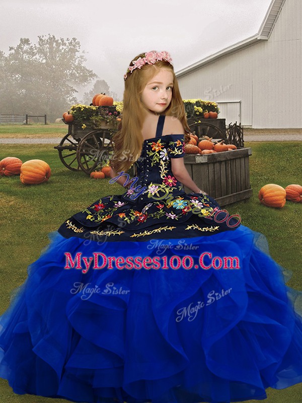 New Style Floor Length Blue Child Pageant Dress Tulle Sleeveless Embroidery and Ruffles