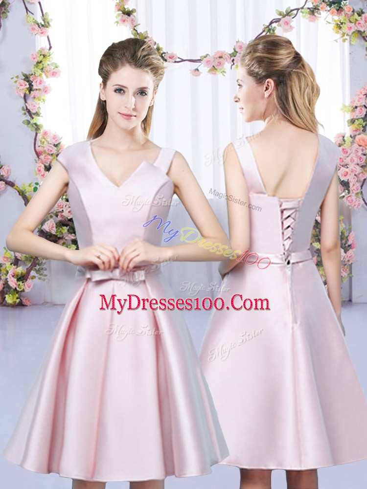 Baby Pink A-line Bowknot Court Dresses for Sweet 16 Lace Up Satin Sleeveless Mini Length