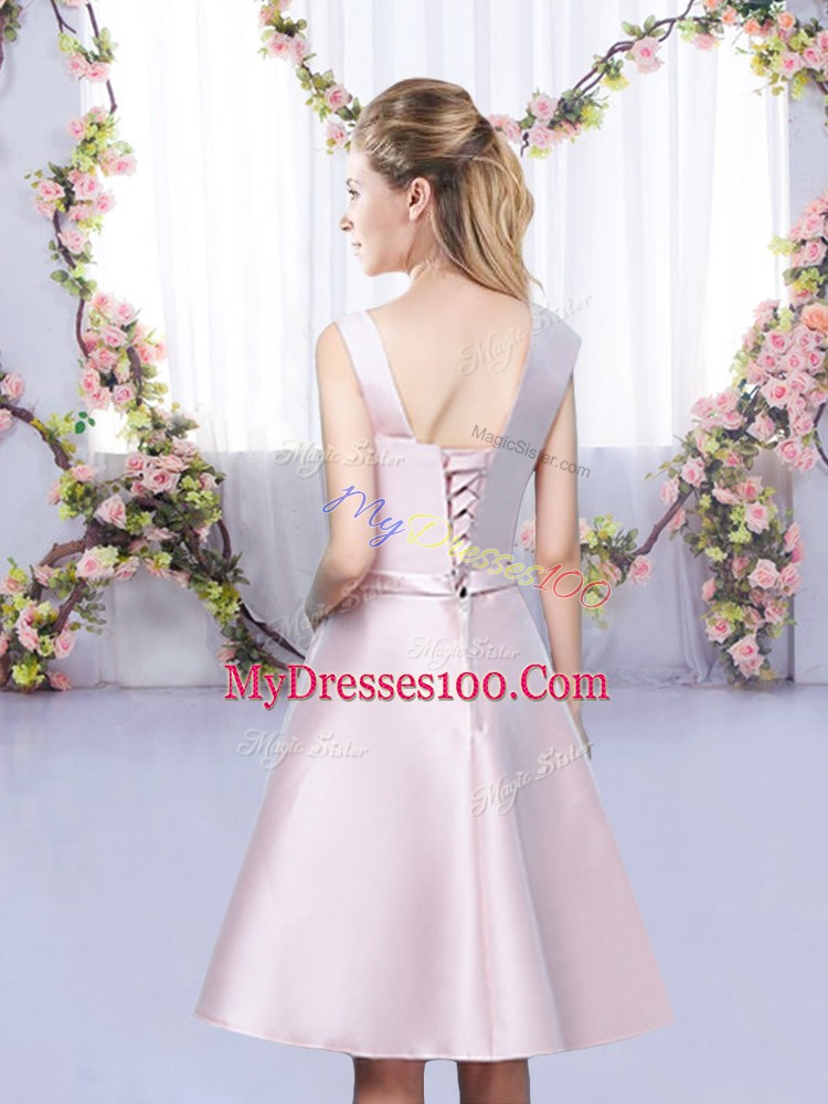 Baby Pink A-line Bowknot Court Dresses for Sweet 16 Lace Up Satin Sleeveless Mini Length