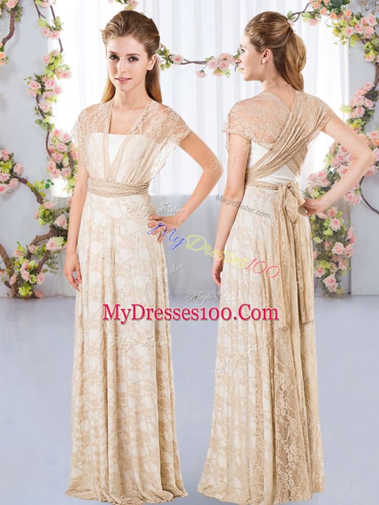 V-neck Short Sleeves Lace Bridesmaid Dress Lace Side Zipper