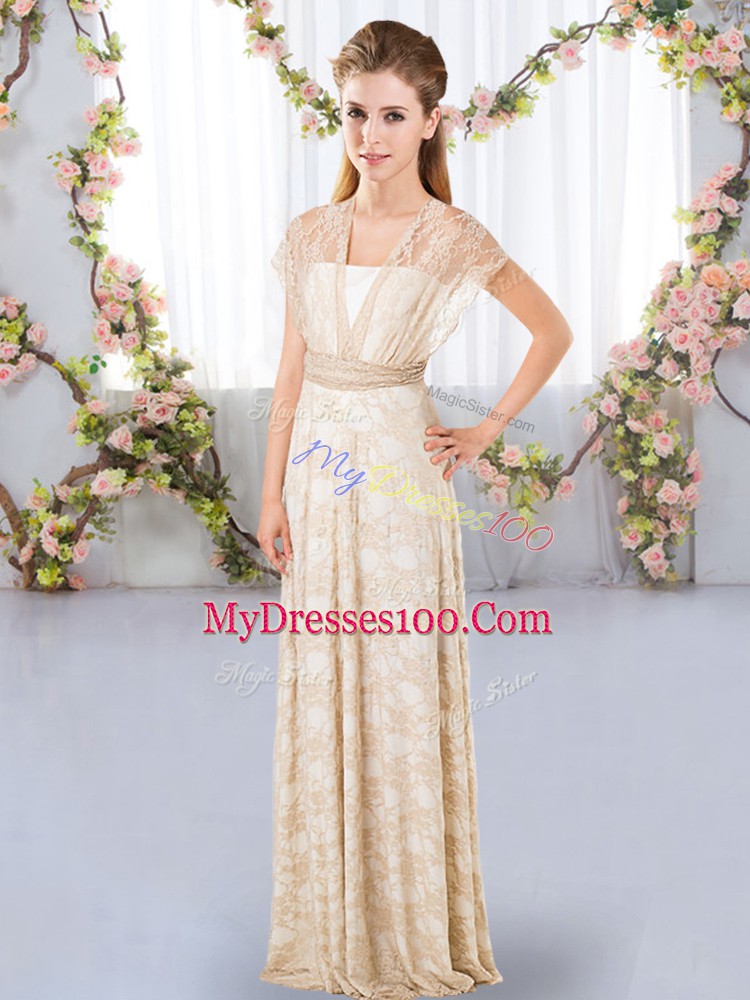V-neck Short Sleeves Lace Bridesmaid Dress Lace Side Zipper