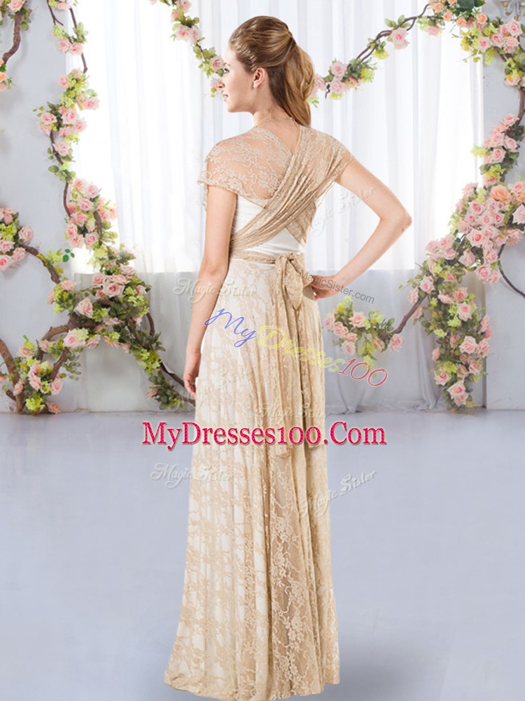 V-neck Short Sleeves Lace Bridesmaid Dress Lace Side Zipper