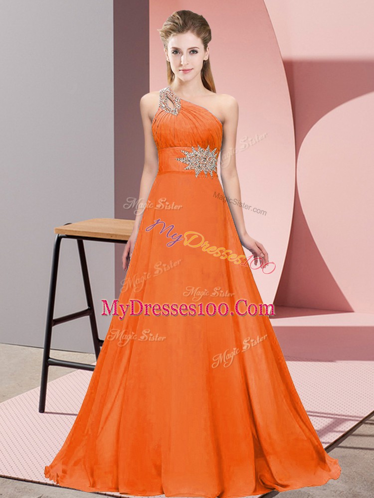 Most Popular Orange Red Homecoming Dress One Shoulder Sleeveless Brush Train Lace Up