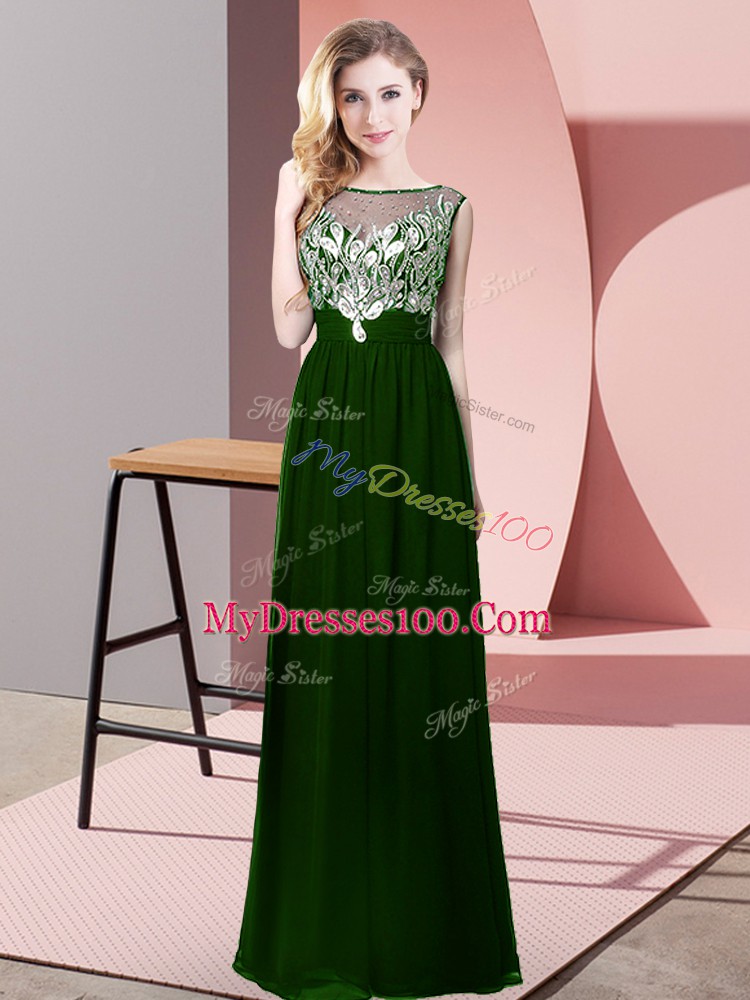 Dark Green Backless Scoop Beading Evening Dresses Chiffon Sleeveless