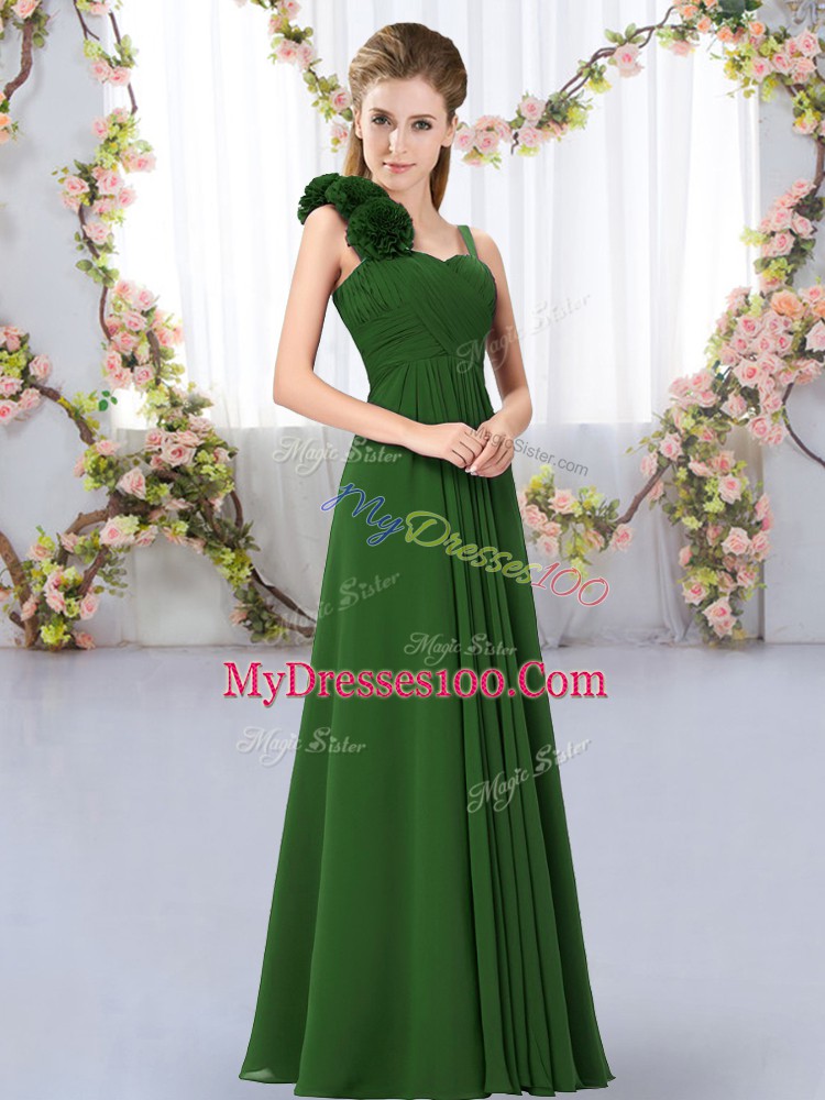 Dark Green Chiffon Lace Up Wedding Party Dress Sleeveless Floor Length Hand Made Flower