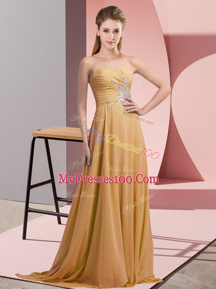 Fitting Gold Sweetheart Neckline Beading Prom Dresses Sleeveless Lace Up