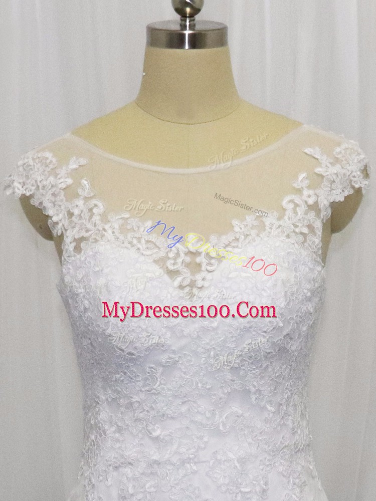 Fantastic White Clasp Handle Bridal Gown Lace Sleeveless Brush Train